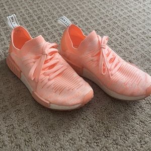 neon coral peach adidas nmd sneakers